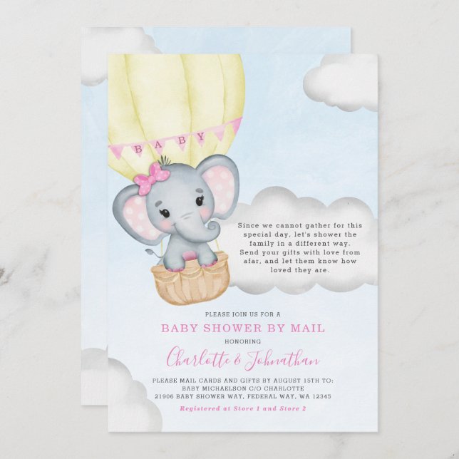 Convite Chá de fraldas Por Elefante Rosa De Correio (Frente/Verso)