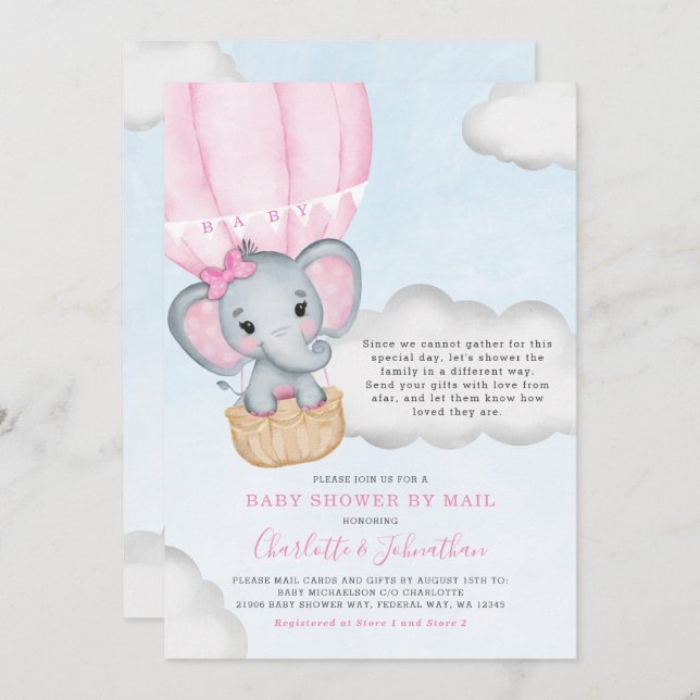 Convite Chá de fraldas Por Elefante Rosa De Correio (Frente/Verso)