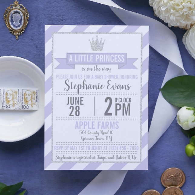 Convite Chá de fraldas prateado roxo com brilho princesa C (Criador carregado)