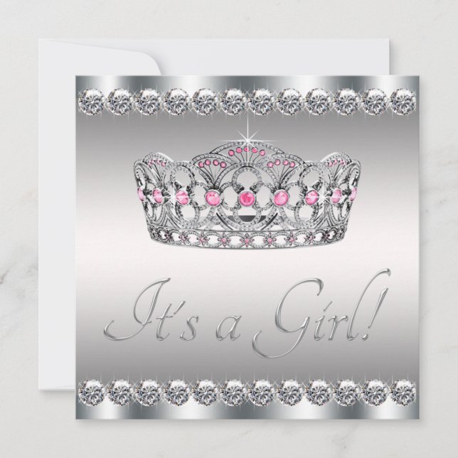 Convite Chá de fraldas preto cor-de-rosa Silver Tiara (Frente)