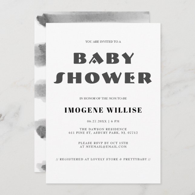 Convite Chá de fraldas preto e branco simples Abstrato (Frente/Verso)