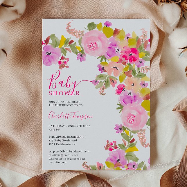 Convite Chá de fraldas primavera de flores silvestres rosa (Bohemian pink wildflowers spring baby shower invitation)