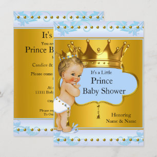 Convite Chá de fraldas Prince Boy Blue Dourado Crown Blona