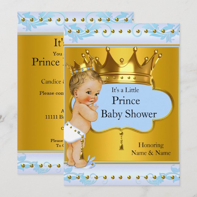 Convite Chá de fraldas Prince Boy Blue Dourado Crown Blona (Frente/Verso)