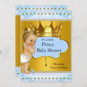 Convite Chá de fraldas Prince Boy Blue Dourado Crown Blona