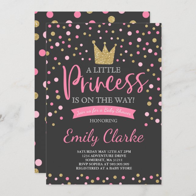 Convite Chá de fraldas Princesa - Chá Dourado Rosa (Frente/Verso)