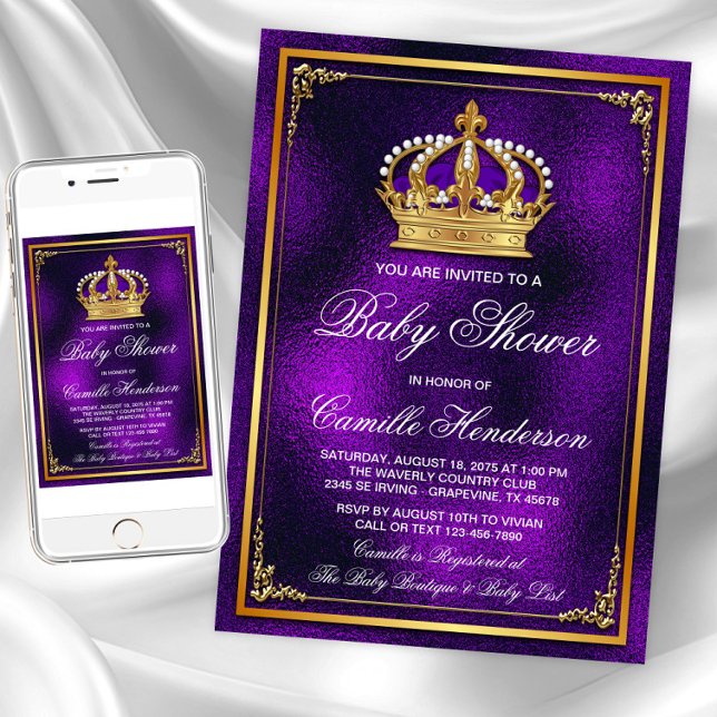 Convite Chá de fraldas Príncipe Dourado (Purple gold princess baby shower invitations. Instant download and printed invitations available.)