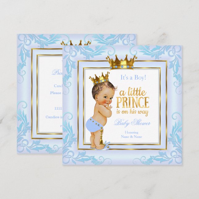 Convite Chá de fraldas Príncipe Dourado Azul Claro Brunett (Frente/Verso)