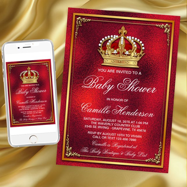 Convite Chá de fraldas Príncipe Dourado Vermelho (Red gold prince baby shower any occasion invitation. Download and printed invitations available.)