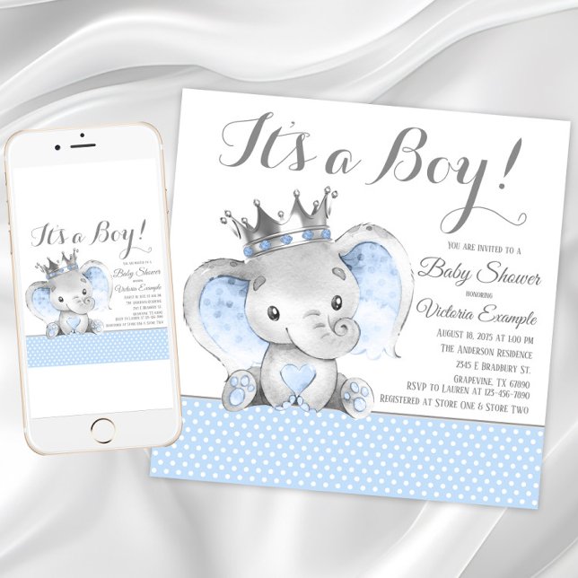 Convite Chá de fraldas Príncipe Elefante (Boy elephant baby shower invitation. Instant download and printed invitations are available.)