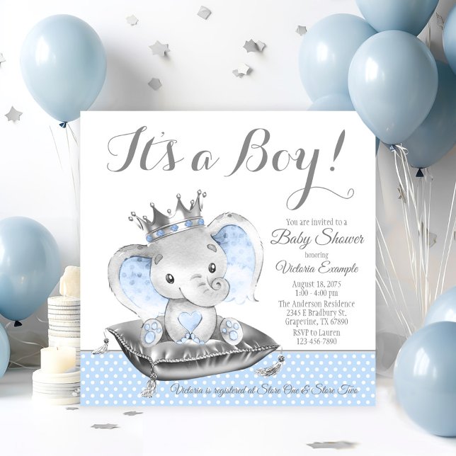 Convite Chá de fraldas Príncipe Elefante (Adorable baby boy elephant prince baby shower invitation. Simply add your event details.)