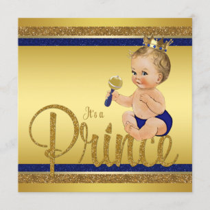 Convite Chá de fraldas Príncipe Glitter Real Azul Dourado
