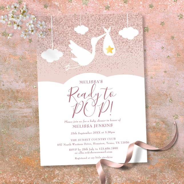 Convite Chá de fraldas pronto para Pop Stork Rosa Dourado  (Baby Shower Ready to Pop Stork Rose Gold Glitter Invitation)