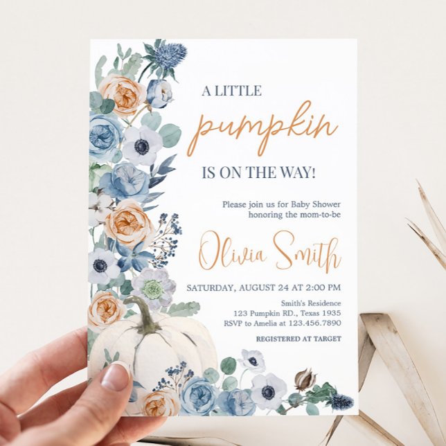 Convite Chá de fraldas Pumpkin Branco Azul Dusty (Blue Floral Pumpkin Baby Shower Invitation)
