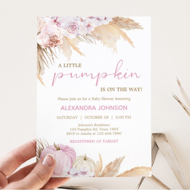 Convite Chá de fraldas Pumpkin de Boho Rosa (Boho Pumpkin Baby Shower Invitation)