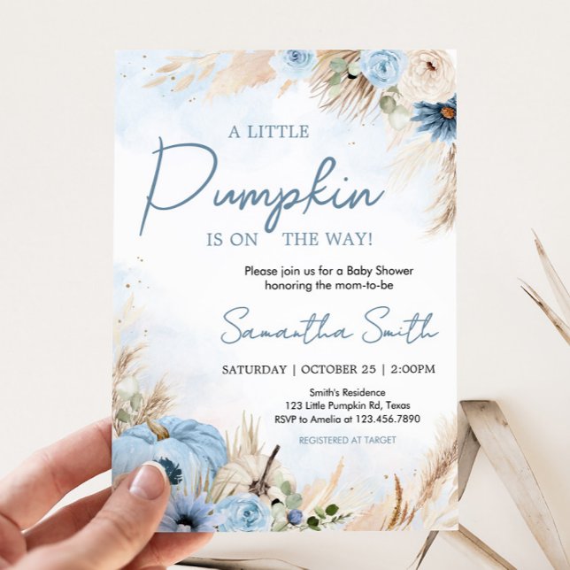 Convite Chá de fraldas Pumpkin de queda de boho azul (Blue Boho Autumn Fall Pumpkin Pampas Grass Baby Shower Invitation)