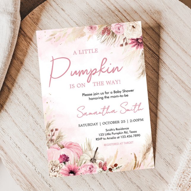 Convite Chá de fraldas Pumpkin de Queda de Boho Rosa (Pink Boho Autumn Fall Pumpkin Pampas Grass Baby Shower Invitation)
