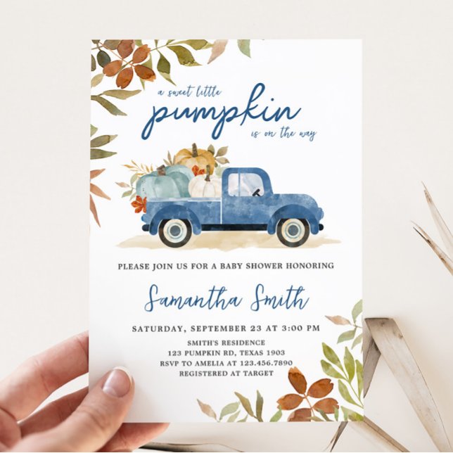 Convite Chá de fraldas Pumpkin de queda de caminhão (Blue Truck Fall Baby Shower Invitation)