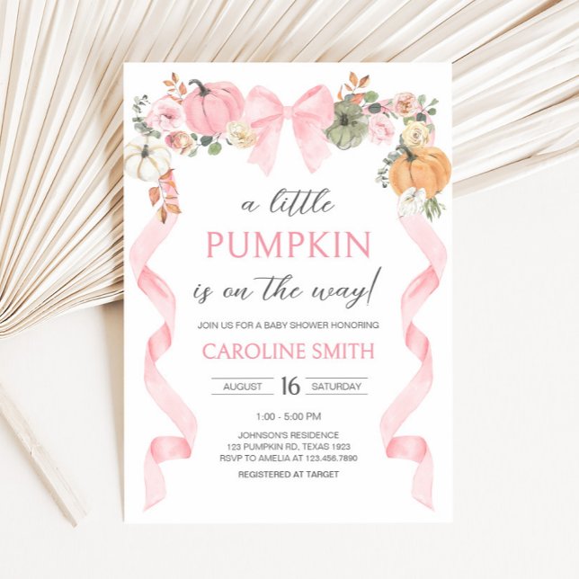 Convite Chá de fraldas Pumpkin do Arco rosa (Pink Bow Little Pumpkin Baby Shower Invitation)