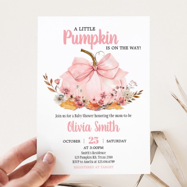 Convite Chá de fraldas Pumpkin do Arco rosa (Girl Bow Pumpkin Baby Shower Invitation)