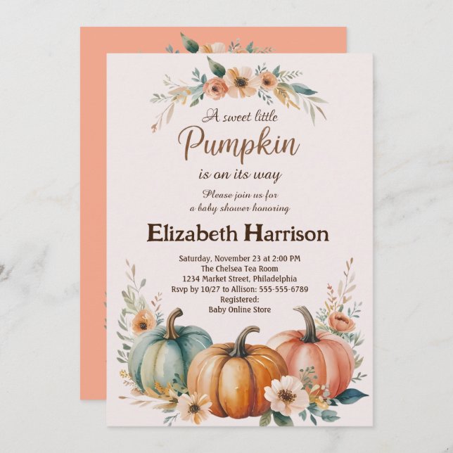 Convite Chá de fraldas Pumpkin personalizável (Frente/Verso)