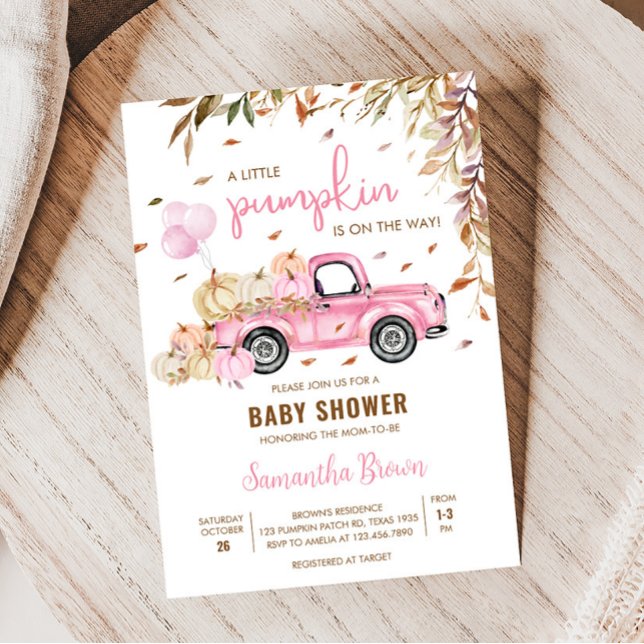 Convite Chá de fraldas Pumpkin Pink (Little Pumpkin Pink Truck Baby Shower Invitation)