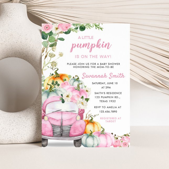 Convite Chá de fraldas Pumpkin Pink Truck (Little Pumpkin Pink Truck Baby Shower Invitation)