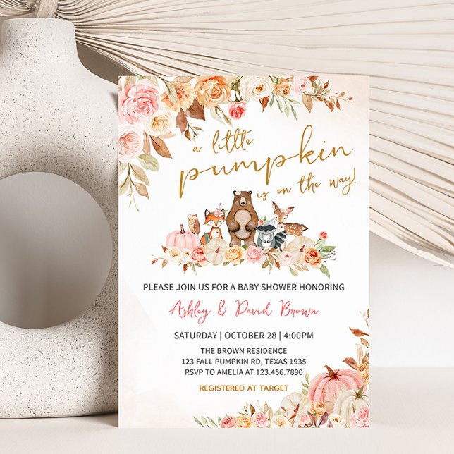 Convite Chá de fraldas Pumpkin Rosa (Girl Fall Pumpkin Baby Shower Invitation)