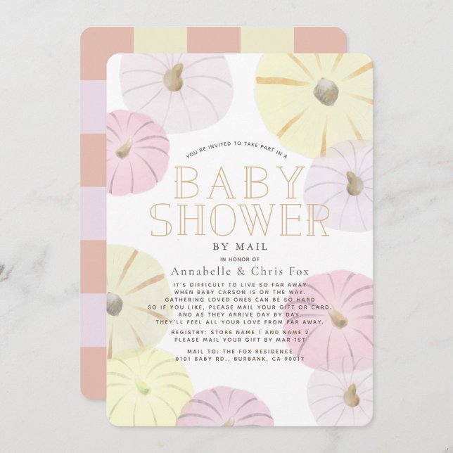 Convite Chá de fraldas Pumpkin Rosa e Amarelo por Correio (Frente/Verso)