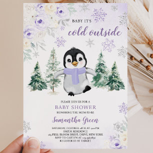 Convite Chá de fraldas Púrpura de Pinguim de inverno