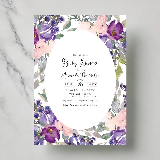 Convite Chá de fraldas Púrpura e Rosa Elegante (Elegant Purple and Pink Floral Baby Shower Invitation)