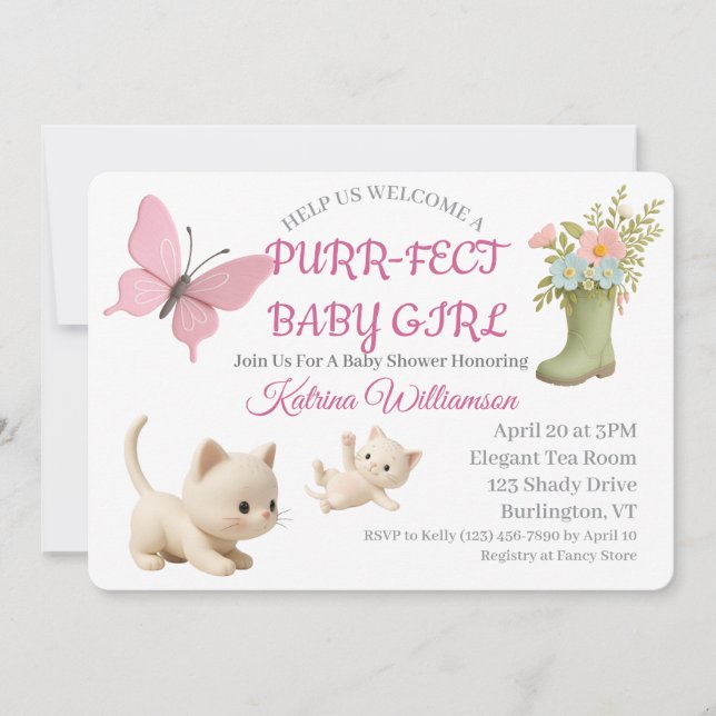 Convite Chá de fraldas Purr-fect Baby Girl Kitten (Frente)