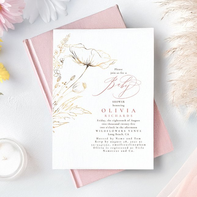 Convite Chá de fraldas Quadrado Rosa Pintado e Dourado de  (Wildflowers Baby Shower Invitation)