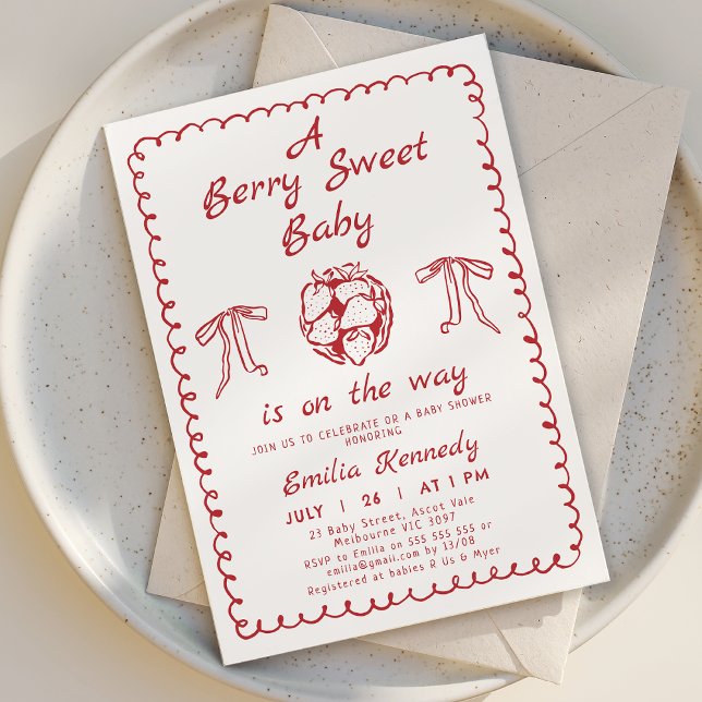 Convite Chá de fraldas Quimsical Red Strawberry Berry Swee (Hand Drawn Berry Baby Shower Invitation Template Red, Whimsical Strawberry Baby Shower Invitation )