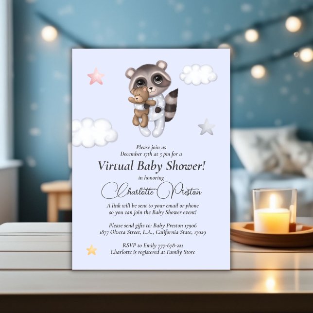 Convite Chá de fraldas Raccoon Azul Virtual (Gentle Baby Boy Raccoon Blue Baby Shower Virtual Invitation)