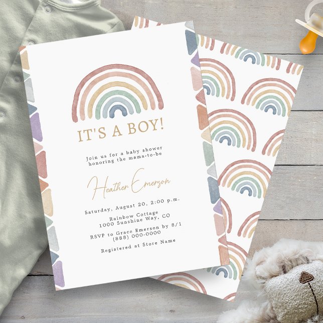 Convite Chá de fraldas Rainbow Boy (Colorful Boho Rainbow Boy Baby Shower Invitation by Painted Paperie
)