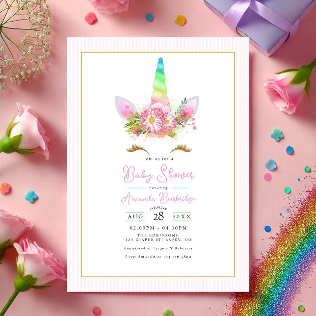 Convite Chá de fraldas Rainbow Unicorn (Rainbow Unicorn Baby Shower Invitation)