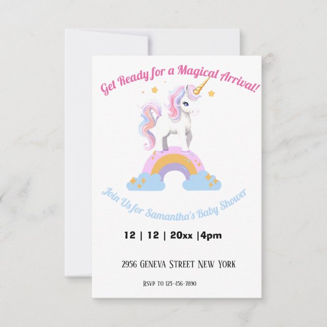 Convite Chá de fraldas Rainbow Unicorn com aquarela mágica (Frente)