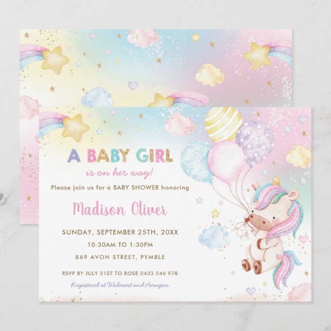 Convite Chá de fraldas Rainbow Whimsical Unicorn Balloons (Frente/Verso)