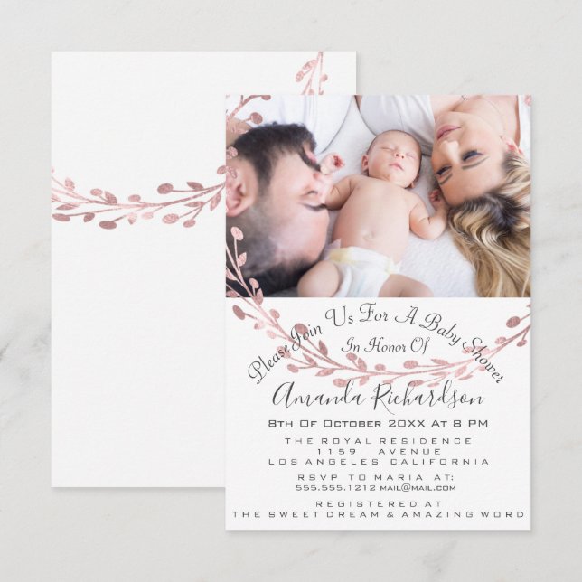 Convite Chá de fraldas Rapariga Foto White Rose Wreath (Frente/Verso)