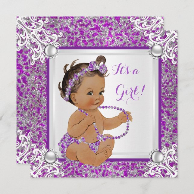 Convite Chá de fraldas Rapariga Glitter Roxo Lace Brunet (Frente/Verso)