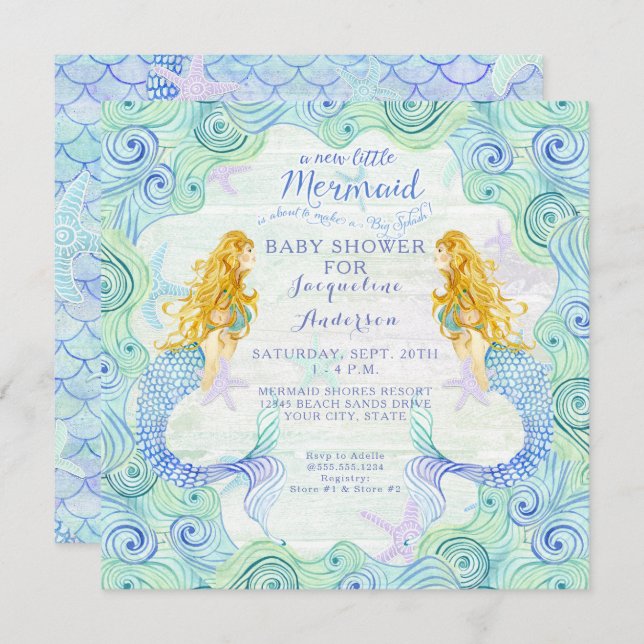 Convite Chá de fraldas Rapariga Sereia Waves Aquáticas Ond (Frente/Verso)