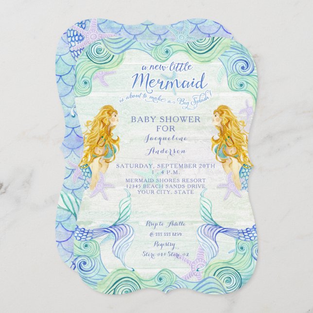 Convite Chá de fraldas Rapariga Sereia Waves Aquáticas Ond (Frente/Verso)