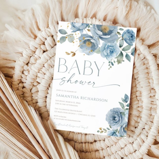 Convite Chá de fraldas-rapaz rosa floral elegante, azul-Du (Criador carregado)