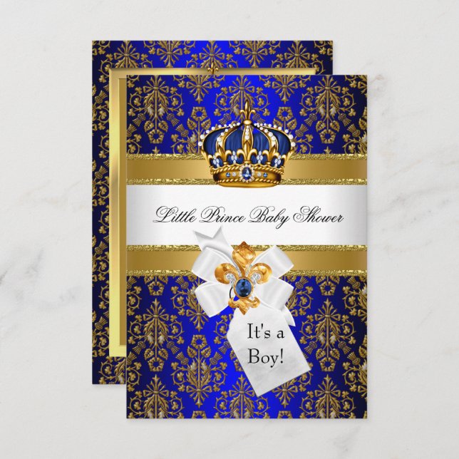 Convite Chá de fraldas Real Azul Dourado Príncipe Cruzado (Frente/Verso)