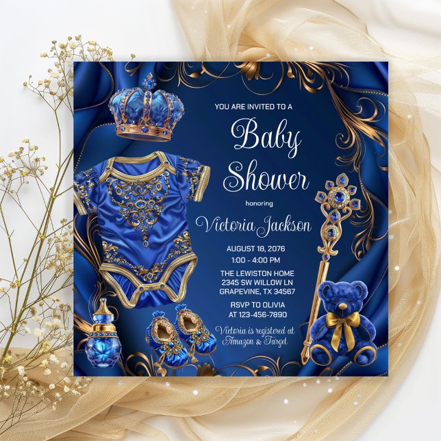 Convite Chá de fraldas Real Azul Dourado Príncipe Regente (Adorable baby prince things on an elegant royal blue and gold background. Fit for a Prince!)
