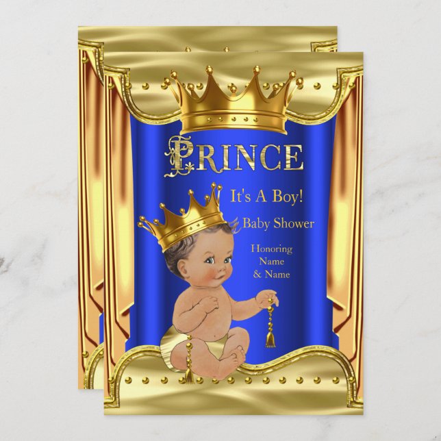 Convite Chá de fraldas Real Azul Príncipe Dourado Brunette (Frente/Verso)
