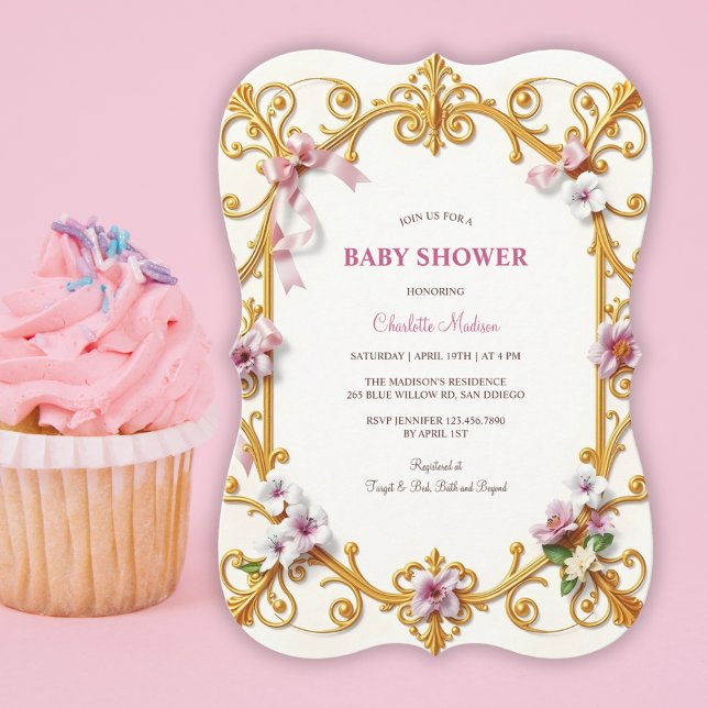 Convite Chá de fraldas Real Dourado de Garota Floral Rosa- (Royal Gold Rococo Pink Floral Girl Baby Shower Invitation)