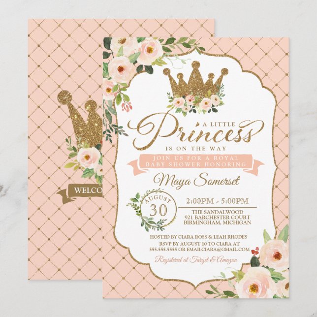 Convite Chá de fraldas Real Floral da Princesa Blush (Frente/Verso)