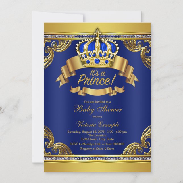 Convite Chá de fraldas Real Príncipe Azul Dourado (Frente)